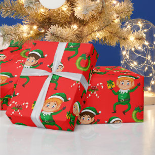 Bunter Weihnachtself und Zuckerstangenrot Geschenkpapier