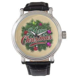 Bunter Weihnachtskranz mit fröhlichem Gruß Armbanduhr