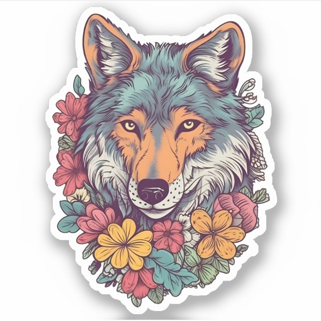 Bunter Wolf mit Blume Wolf Lover Aufkleber (Vorderseite)