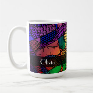 Buntes abstraktes mit Beschaffenheiten, Mustern u. Kaffeetasse