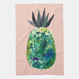 Buntes Aquarell-Ananas-blaues Grün-Rosa Geschirrtuch