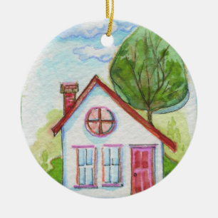 Buntes Aquarell-Haus Keramikornament
