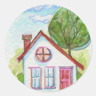 Buntes Aquarell-Haus Runder Aufkleber