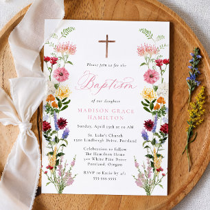 Buntes Aquarell-Wildblumen-Taufkleid für kleine Mä Einladung