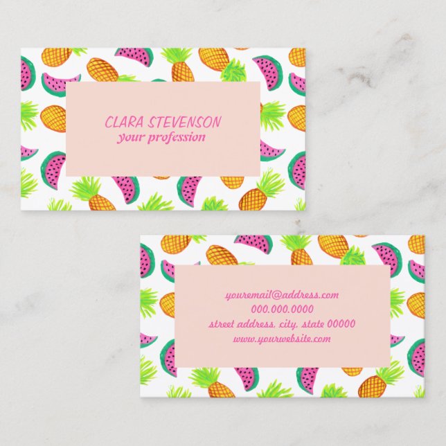 buntes Aquarellananas-Wassermelonemuster Visitenkarte (Vorne/Hinten)