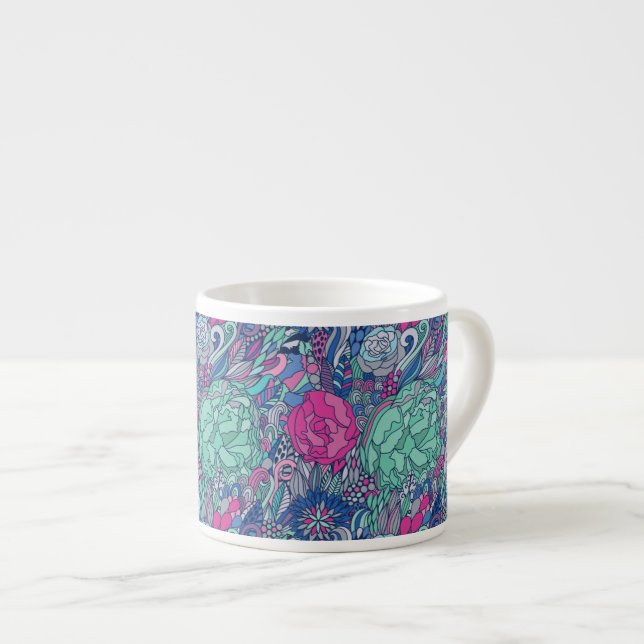 Buntes Blumengekritzel-Muster Espressotasse (Vorderseite Rechts)