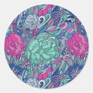 Buntes Blumengekritzel-Muster Runder Aufkleber