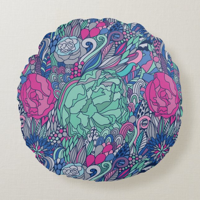 Buntes Blumengekritzel-Muster Rundes Kissen (Vorderseite)