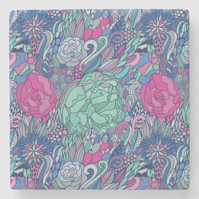 Buntes Blumengekritzel-Muster Steinuntersetzer (Vorderseite)