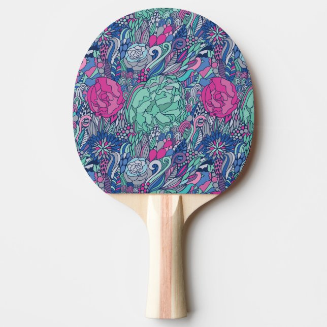 Buntes Blumengekritzel-Muster Tischtennis Schläger (Vorderseite)
