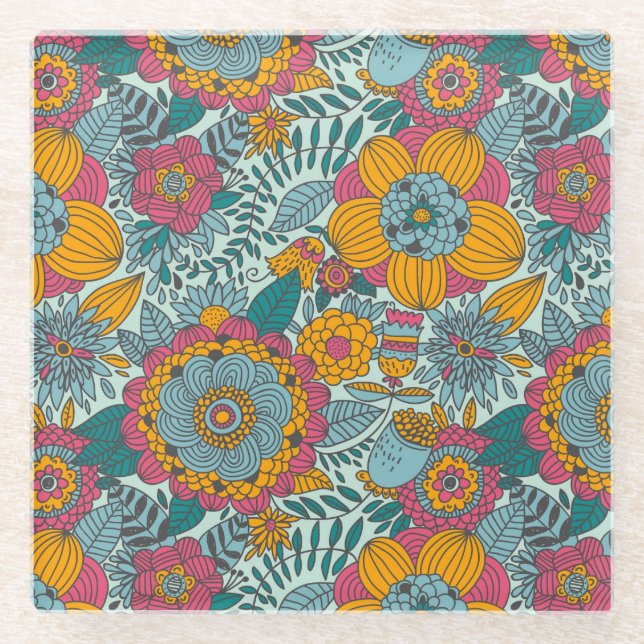 Buntes Blumenmuster Glasuntersetzer (Vorderseite)