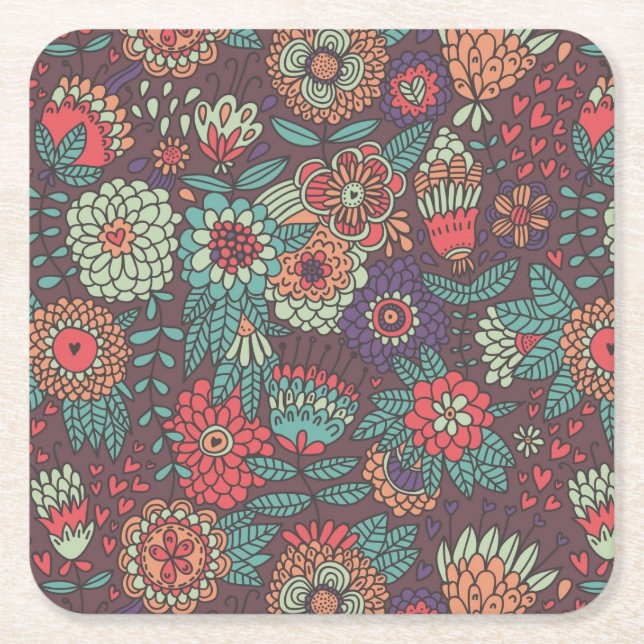 Buntes Blumenmuster in der Cartoonart Rechteckiger Pappuntersetzer (Vorderseite)