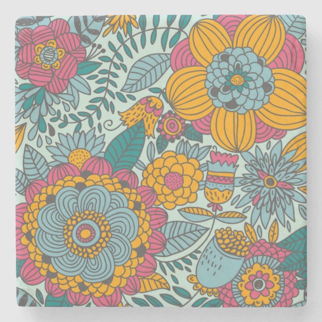 Buntes Blumenmuster Steinuntersetzer (Vorderseite)