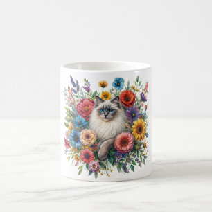Buntes Blumenporträt einer Ragdoll-Katze Kaffeetasse