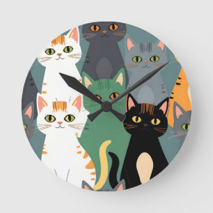 Buntes Cartoon-Katzenmuster Runde Wanduhr
