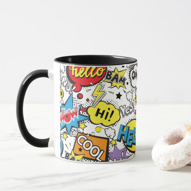 Buntes Comic-Pop-Art-Sprechblasenmuster Tasse (Mit Donut)