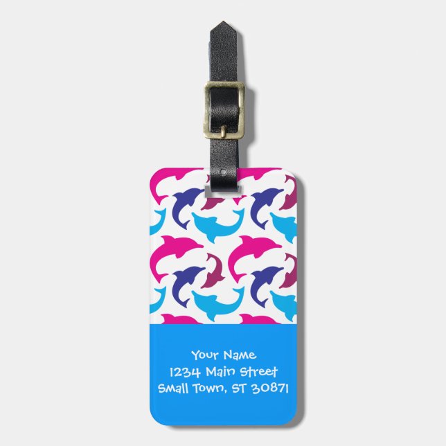 Buntes Delphin-Muster-heißes Rosa-aquamarines Blau Gepäckanhänger (Vorderseite vertikal)