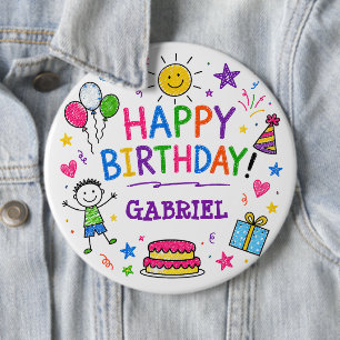 Buntes Doodle Frohes Geburtstag Benutzerdefinierte Button
