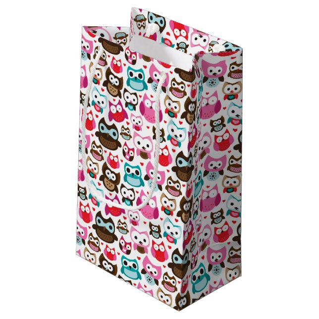 buntes Eulenmuster Kleine Geschenktüte (Rückseite Schrägansicht)