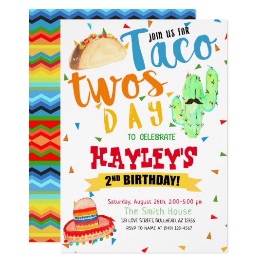 Buntes Fiestawatercolortaco Party 2 Geburtstag Einladung Zazzle Ch