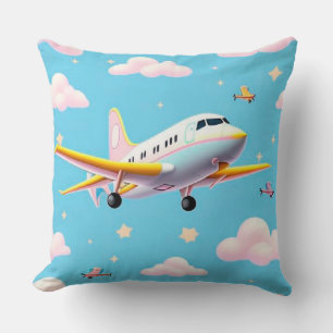 Buntes Flugzeug, das zwischen Cartoon-Wolken flieg Kissen