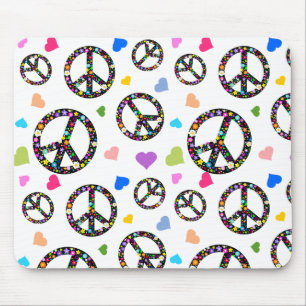 Buntes Friedenssymbol, -Blumen und -herzen Mousepad