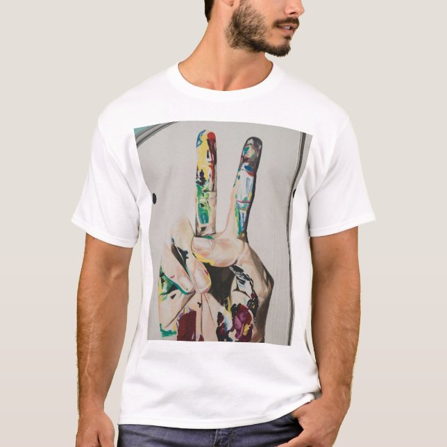 Buntes Friedenzeichen Hand Grafik Basic T-Shirt (Vorderseite)
