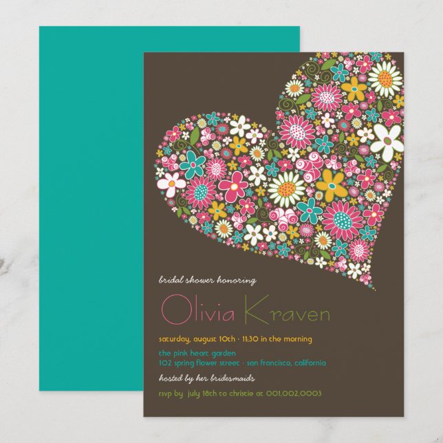 Buntes Frühlings-Blumen-Herz-Brautparty laden ein Einladung (Vorne/Hinten)