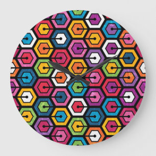 Buntes geometrisches Muster mit Hexagonen Große Wanduhr
