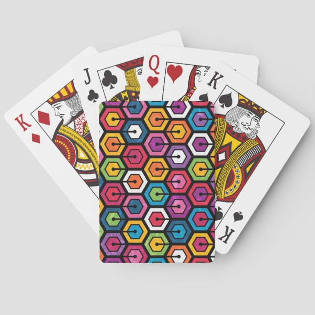 Buntes geometrisches Muster mit Hexagonen Spielkarten (Rückseite)