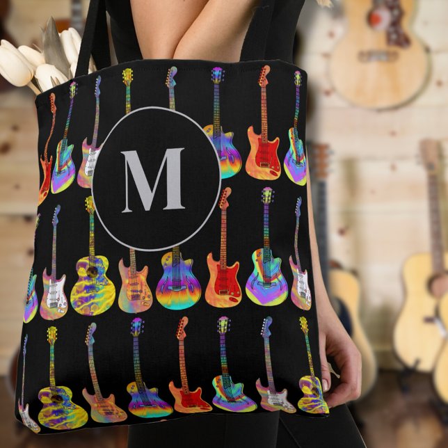 Buntes Gitarren-Monogramm Tasche (guitar monogram custom tote bag psychedelic guitars on black for guitarists musicians music teachers)