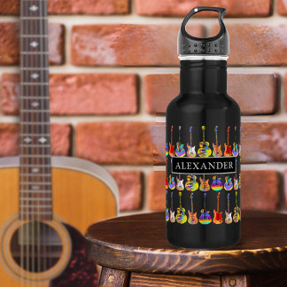 buntes Gitarrenmuster auf schwarzen Namen Edelstahlflasche