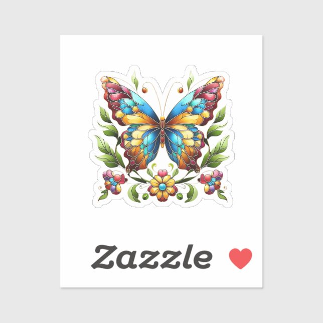 Buntes Glasschmetterling mit Blume Aufkleber (Blatt)