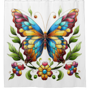Buntes Glasschmetterling mit Blume Duschvorhang
