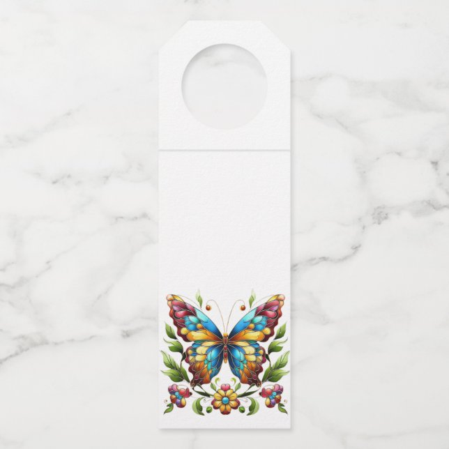 Buntes Glasschmetterling mit Blume Flaschenanhänger (Vorderseite)