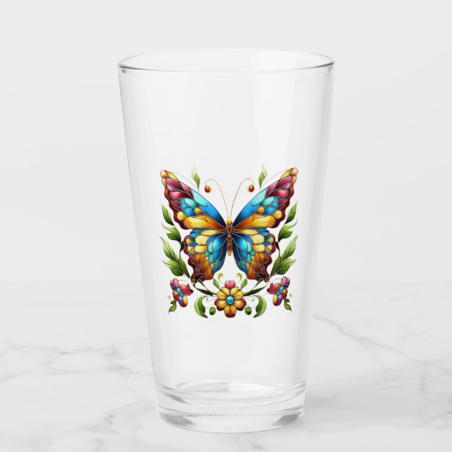 Buntes Glasschmetterling mit Blume Glas (Vorderseite)
