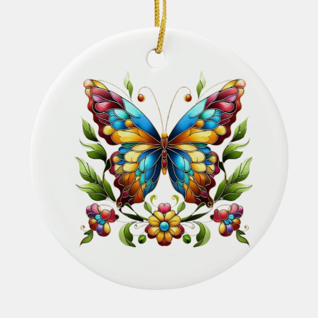 Buntes Glasschmetterling mit Blume Keramik Ornament (Vorne)