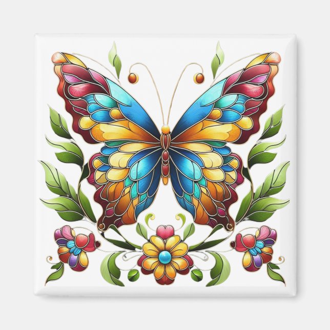 Buntes Glasschmetterling mit Blume Magnet (Vorne)