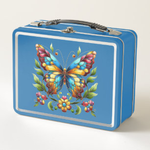 Buntes Glasschmetterling mit Blume Metall Brotdose