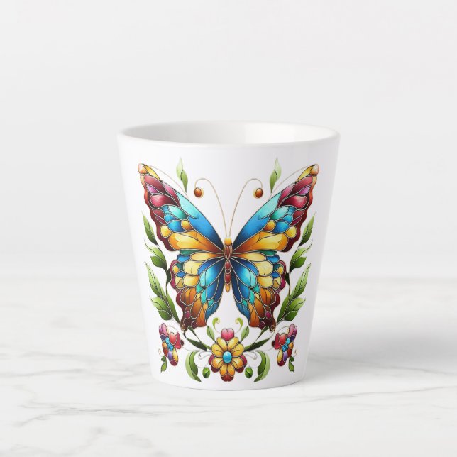 Buntes Glasschmetterling mit Blume Milchtasse (Vorderseite)