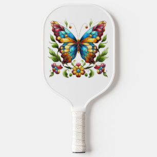 Buntes Glasschmetterling mit Blume Pickleball Schläger