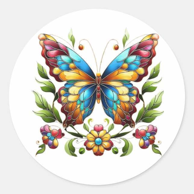Buntes Glasschmetterling mit Blume Runder Aufkleber (Vorderseite)