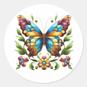 Buntes Glasschmetterling mit Blume Runder Aufkleber