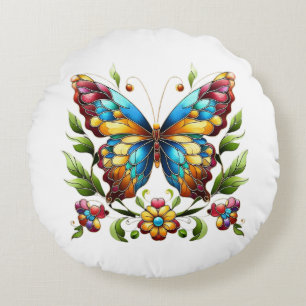 Buntes Glasschmetterling mit Blume Rundes Kissen