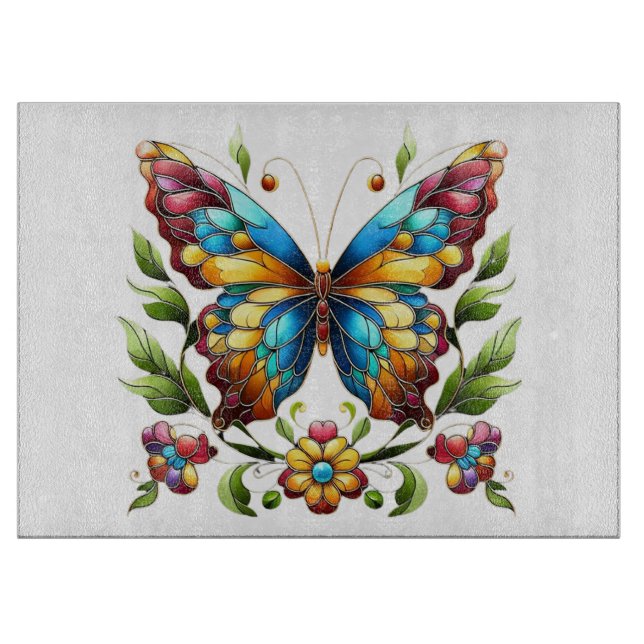 Buntes Glasschmetterling mit Blume Schneidebrett (Vorderseite)