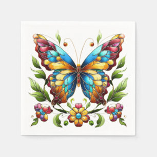 Buntes Glasschmetterling mit Blume Serviette