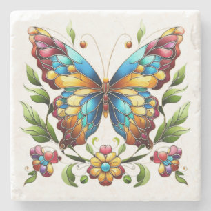 Buntes Glasschmetterling mit Blume Steinuntersetzer