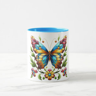 Buntes Glasschmetterling mit Blume Tasse