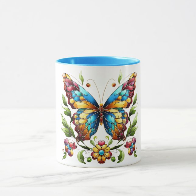 Buntes Glasschmetterling mit Blume Tasse (Zentrum)