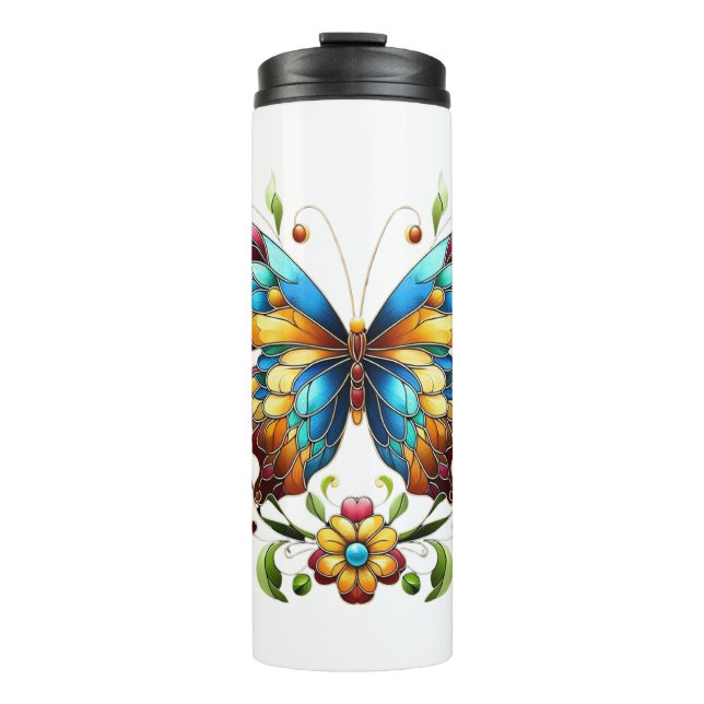 Buntes Glasschmetterling mit Blume Thermosbecher (Vorderseite)